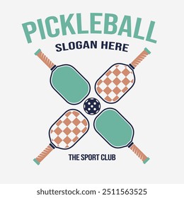 Ilustración del diseño del logotipo de Pickleball adecuada para el juego, el deporte o el logotipo del club, logotipo vintage retro de Pickleball