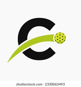 Pickleball Logo On Letter C With Moving Pickleball Icon. Pickleball Sign Template