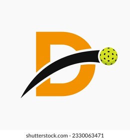 Pickleball Logo On Letter D With Moving Pickleball Icon. Pickleball Sign Template
