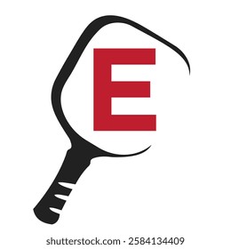 Pickleball Logo On Letter E Concept With Pickle Bat Symbol Vector Template
