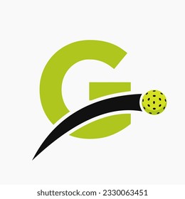 Pickleball Logo On Letter G With Moving Pickleball Icon. Pickleball Sign Template