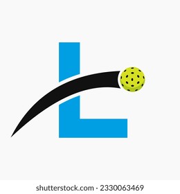 Pickleball Logo On Letter L With Moving Pickleball Icon. Pickleball Sign Template