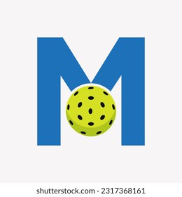 Pickleball Logo On Letter M Vector Template. Pickle Ball Logotype