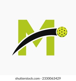 Pickleball Logo On Letter M With Moving Pickleball Icon. Pickleball Sign Template