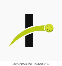 Pickleball Logo On Letter I With Moving Pickleball Icon. Pickleball Sign Template