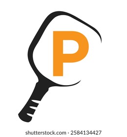 Pickleball Logo On Letter P Concept With Pickle Bat Symbol Vector Template