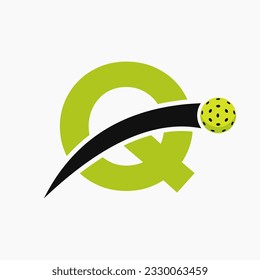 Pickleball Logo On Letter Q With Moving Pickleball Icon. Pickleball Sign Template
