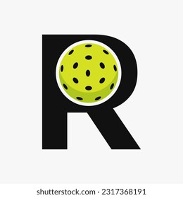 Pickleball Logo On Letter R Vector Template. Pickle Ball Logotype
