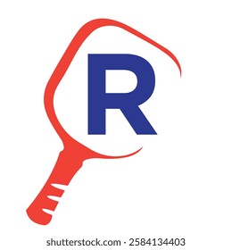 Pickleball Logo On Letter R Concept With Pickle Bat Symbol Vector Template