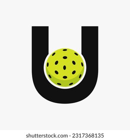 Pickleball Logo On Letter U Vector Template. Pickle Ball Logotype