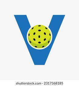Pickleball Logo On Letter V Vector Template. Pickle Ball Logotype