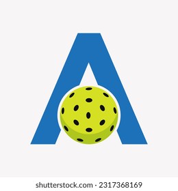 Pickleball Logo On Letter A Vector Template. Pickle Ball Logotype
