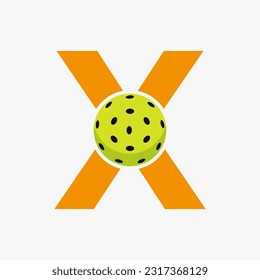 Pickleball Logo On Letter X Vector Template. Pickle Ball Logotype