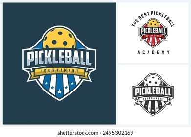 Plantilla de diseño deportivo de logotipo de pickleball, Vector de emblema deportivo de pickleball, Ilustración vectorial de diseño de insignia de logotipo de torneo de pickleball