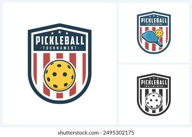 Plantilla de diseño deportivo de logotipo de pickleball, Vector de emblema deportivo de pickleball, Ilustración vectorial de diseño de insignia de logotipo de torneo de pickleball