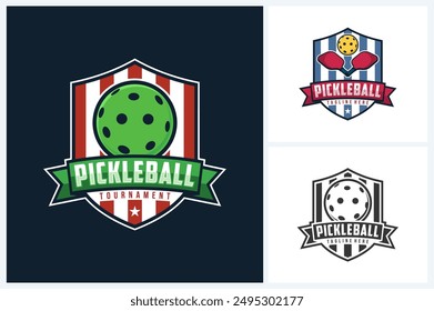 Plantilla de diseño deportivo de logotipo de pickleball, Vector de emblema deportivo de pickleball, Ilustración vectorial de diseño de insignia de logotipo de torneo de pickleball