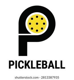 Pickleball logo with yellow ball and black paddle on white background for sports recreation