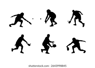 Pickleball Male Player Silhouettes Collection Set of 6 Poses, Vector Set of Men Playing Pickleball in Action Silhouettes
