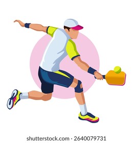 A pickleball man player is hitting the ball with a racket