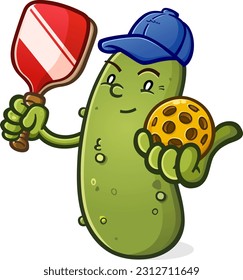 A pickleball mascot wearing a blue baseball cap and ready to serve up a rousing game of pickle ball vector illustration