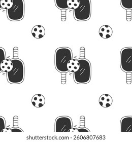 Pickleball Paddle Ball Doodle Seamless Pattern. Hand drawn black and white sports game background with rackets equipment symbols. Comic repeat vector illustration