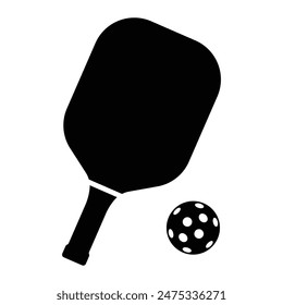 Pickleball paddle with ball flat vector icon. Perfect for sports apps and websites. Black silhouette. Simple design illustration.