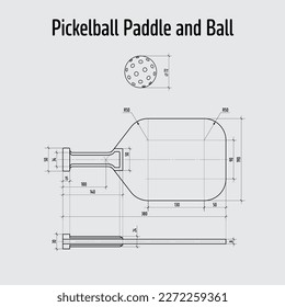 Pickleball paddle and ball isolated on grey background. Measures of game equipment with size and dimention