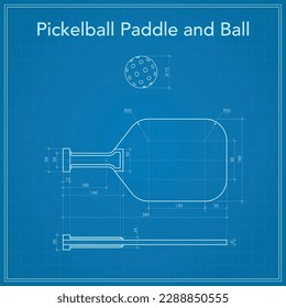 Pickleball paddle and ball isolated on grey background. Measures of game equipment with size and dimention