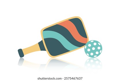 Pickleball paddle and ball isolated on white. Concept of sport, activities, hobbies, leisure, healthy lifestyle. Vector hand drawn clipart.