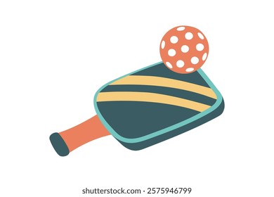 Pickleball paddle and ball isolated on white. Concept of sport, activities, hobbies, leisure, healthy lifestyle. Vector hand drawn clipart.