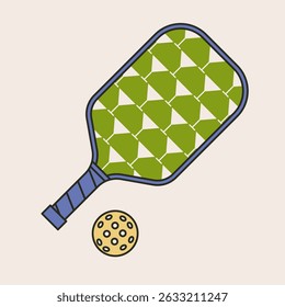 Pickleball paddle and ball. Retro line style illustration