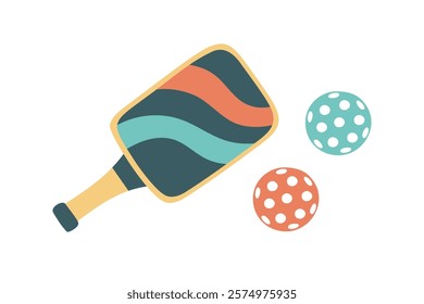 Pickleball paddle and balls isolated on white. Concept of sport, activities, hobbies, leisure, healthy lifestyle. Vector hand drawn cliparts. 