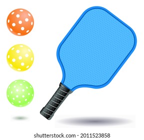 Pickleball paddle front view isolated on white with proportional balls. Realistic vector illustration. 