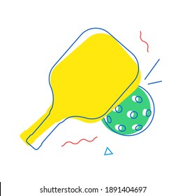 Pickleball paddle and pickle ball for you club or team design. Vector illustration, bright modern style.