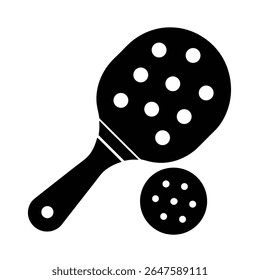 Pickleball paddle pointing down with rolling ball vector silhouette