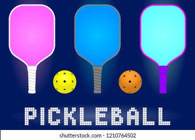 pickleball paddle rackets and balls. set of sport equipment for hobby game in modern color. stock vector illustration