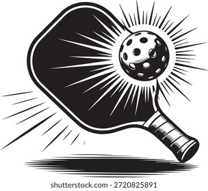 Pickleball Paddel schlägt einen Ball mit Bewegungslinien, die vom Punkt des Aufpralls in einer dynamischen schwarz-weißen Grafik-Illustration, die die Energie und Spannung des Sports symbolisiert strahlen.