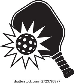 Pickleball paddle golpeando a bola de plástico perfurada com energia dinâmica cria um gráfico preto e branco ousado ideal para marcas de esportes e conceitos atléticos.