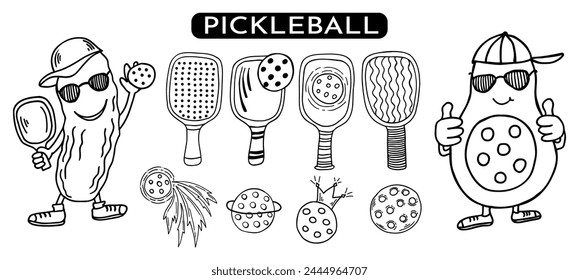 Pickleball paddles, balls, avocado and pickle characters set. Hand drawn black outline vector illustration.