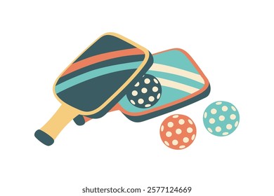 Pickleball paddles and balls isolated on white. Concept of sport, activities, hobbies, leisure, healthy lifestyle. Vector hand drawn clipart.