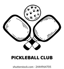 Pickleball paddles and balls logo, hand drawn black outline vector illustration.