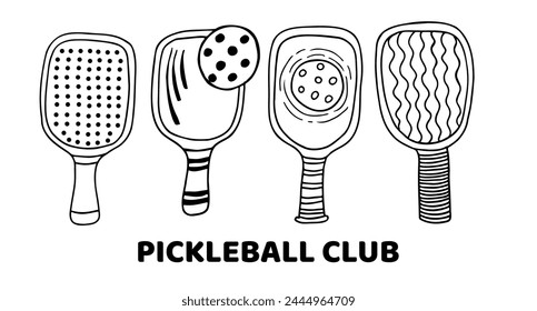 Pickleball paddles and balls set, hand drawn black outline vector illustration.