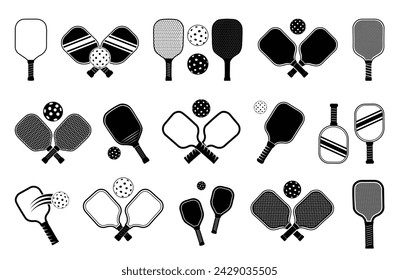 Paletas de Pickleball con bolas Símbolo Icono Ilustración vectorial Silueta Paquete