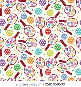 Pickleball paddles with easter eggs and colorful game balls seamless pattern. For easter print, fabric and sportswear. 