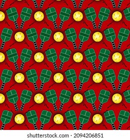 Pickleball. Pattern with green rackets and yellow balls on a red background