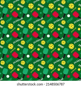 Pickleball. Pattern with green and red  rackets and yellow balls on a green background