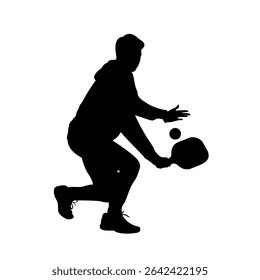 Pickleball Player in Defensive Stance Silhouette, Vector Silhouette of Man Ready to Hit Pickleball Shot