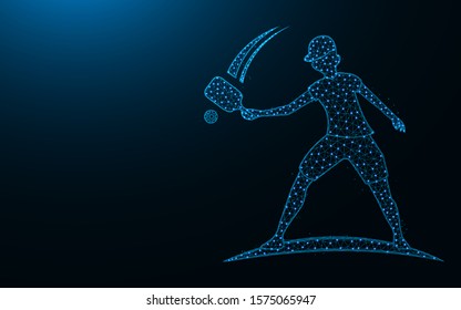 Pickleball player low poly icon, Sport wireframe mesh polygonal vector illustration made from points and lines on dark blue background