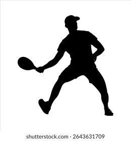 Pickleball Player in Ready Stance Sporty Silhouette, Athletic Male Preparing to Swing in Pickleball Match Vector Silhouette