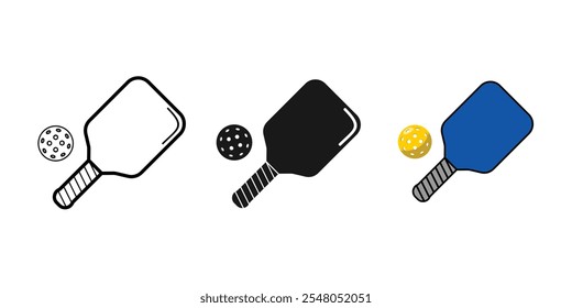 Pickleball racket and ball set design, available in outline, solid and color styles, editable vector eps 10.